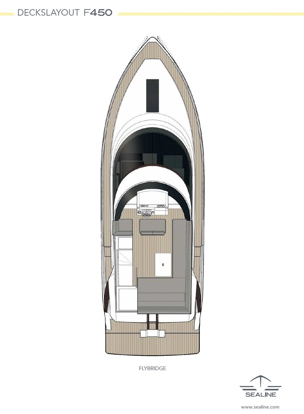 Sealine F450 flybridge layout — helm, seating and sunbed