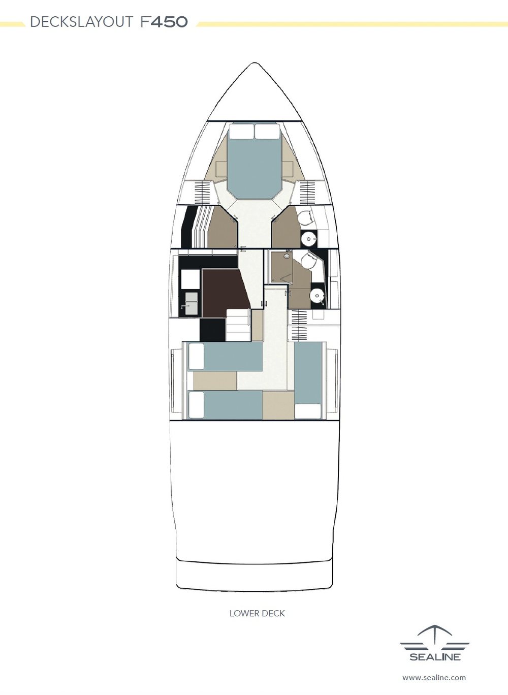 Sealine F450 lower deck layout — two cabins and two heads