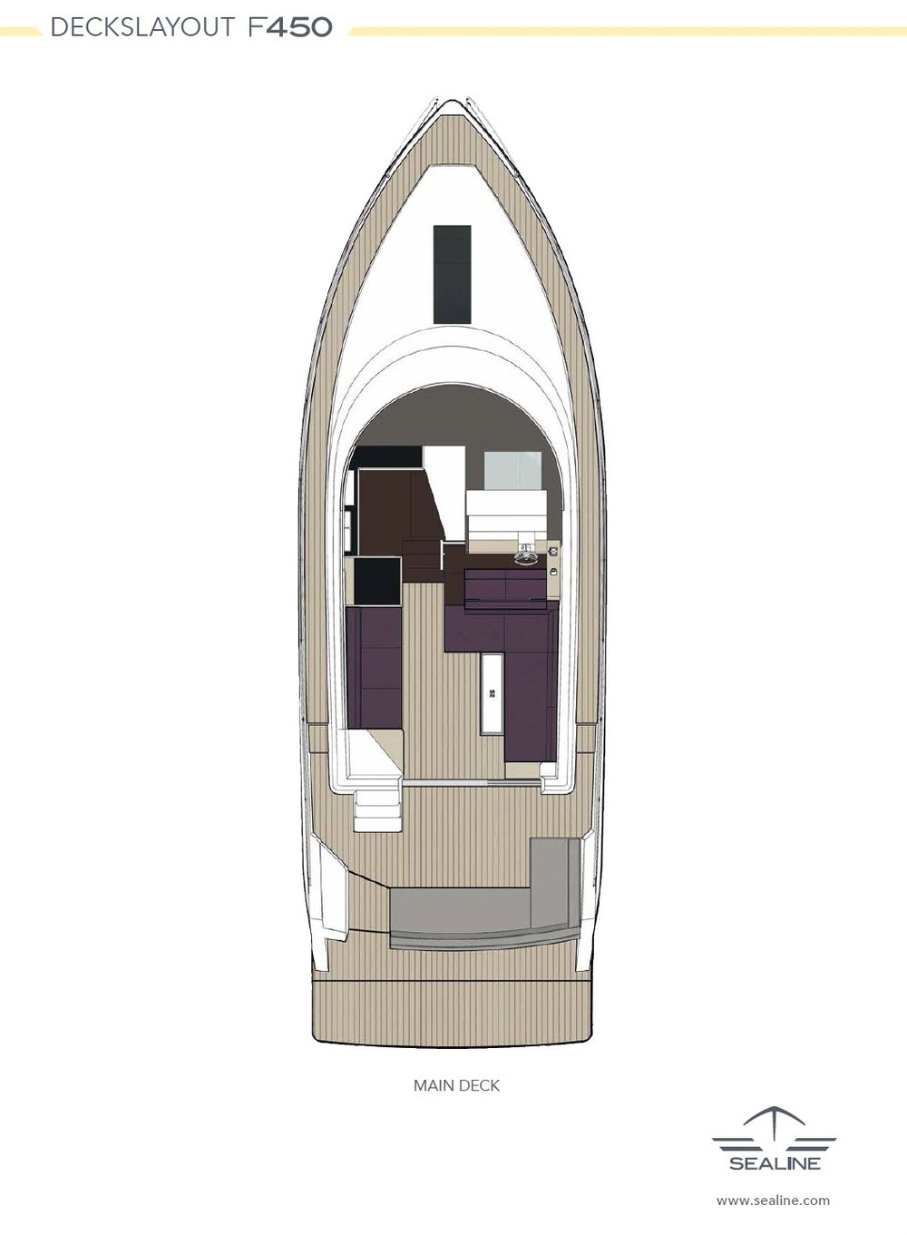 Sealine F450 main deck layout — saloon, galley and cockpit