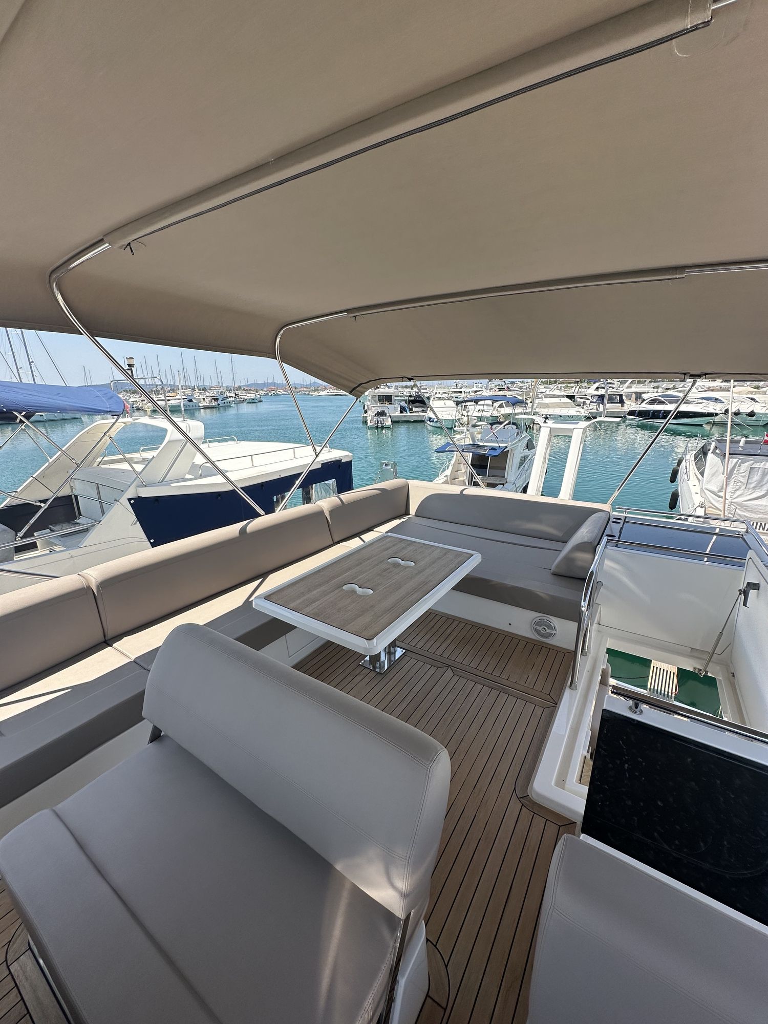 Flybridge seating looking aft over the marina